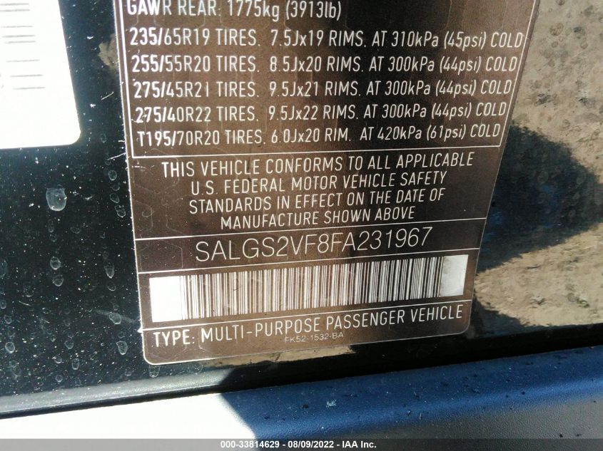 2015 LAND ROVER RANGE ROVER HSE SALGS2VF8FA231967