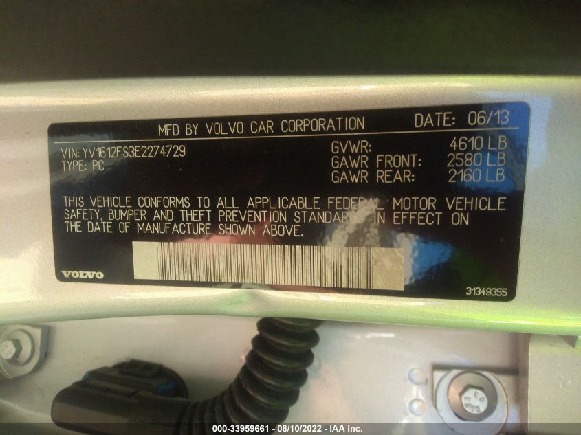 2014 VOLVO S60 T5 YV1612FS3E2274729