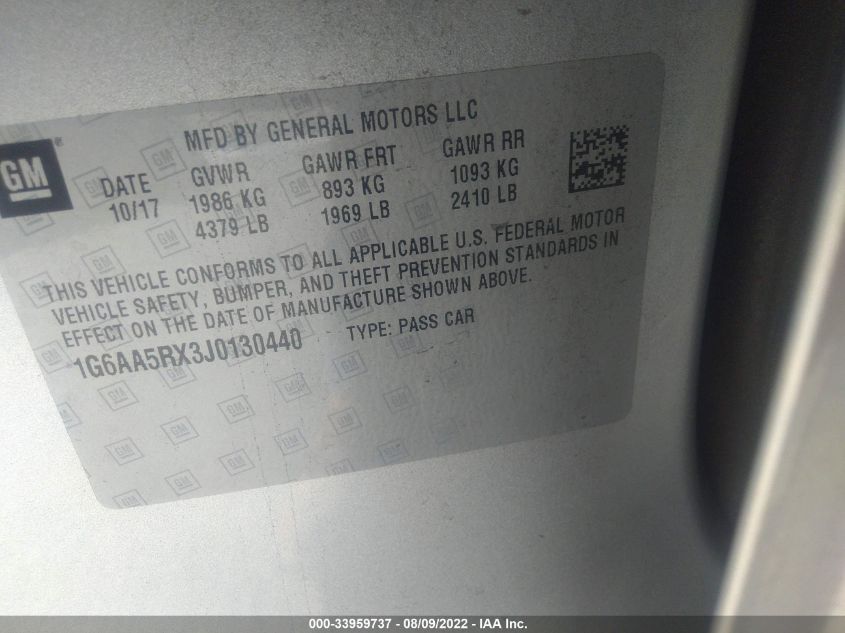 2018 CADILLAC ATS SEDAN RWD 1G6AA5RX3J0130440