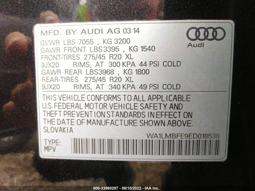 2014 AUDI Q7 3.0L TDI PREMIUM PLUS WA1LMBFE9ED018538