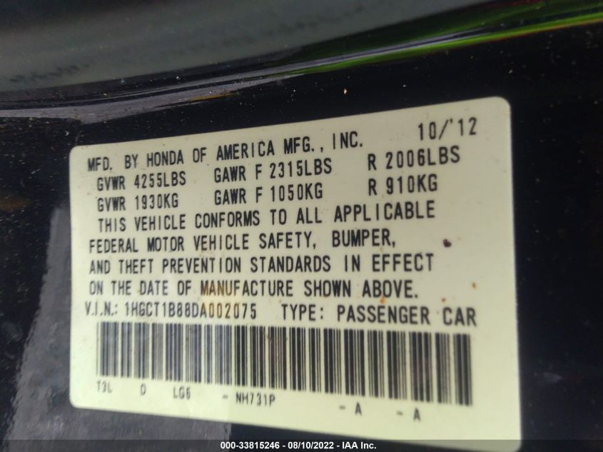 2013 HONDA ACCORD CPE EX-L 1HGCT1B88DA002075