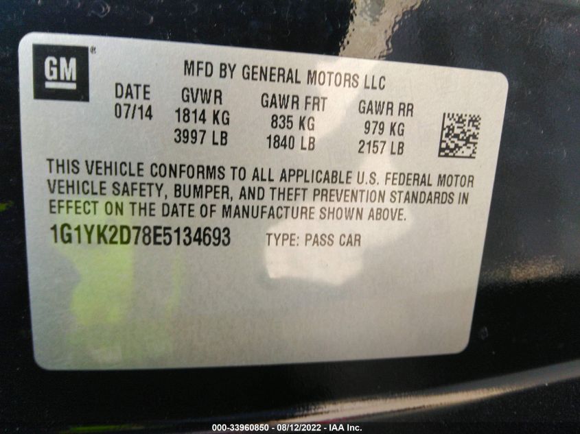 2014 CHEVROLET CORVETTE STINGRAY Z51 2LT 1G1YK2D78E5134693