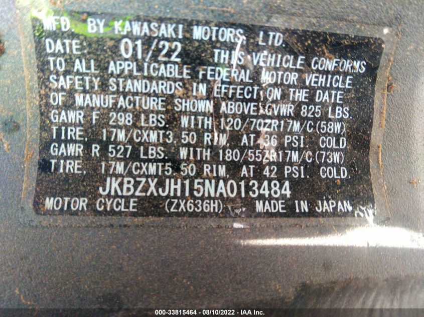 2022 KAWASAKI ZX636 K JKBZXJH15NA013484