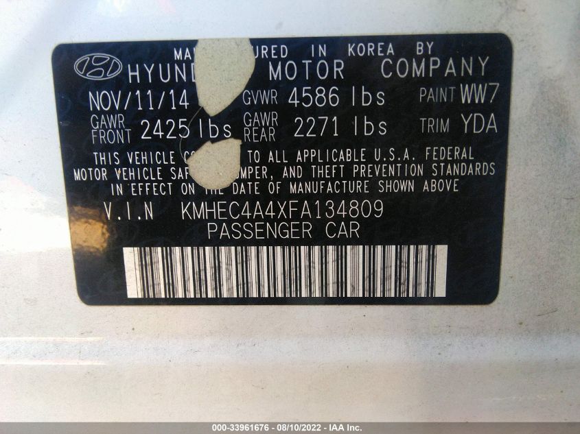2015 HYUNDAI SONATA HYBRID KMHEC4A4XFA134809