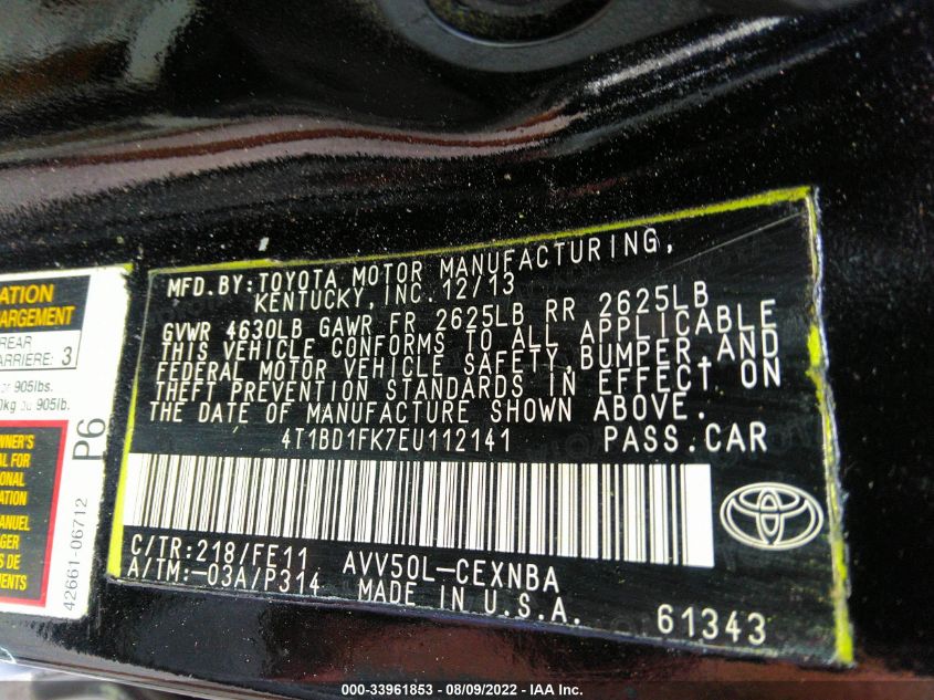 2014 TOYOTA CAMRY HYBRID 4T1BD1FK7EU112141