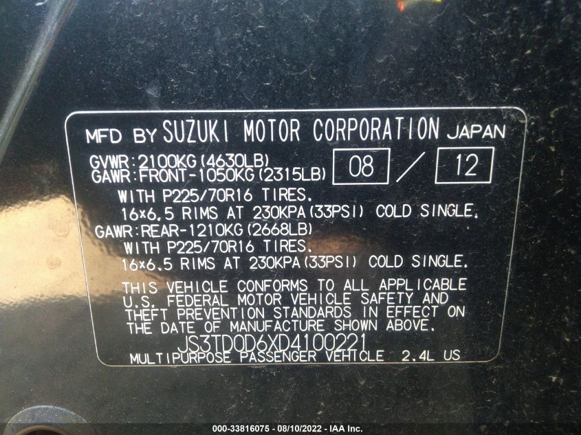 2013 SUZUKI GRAND VITARA PREMIUM JS3TD0D6XD4100221