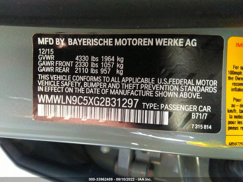 2016 MINI COOPER CLUBMAN S WMWLN9C5XG2B31297