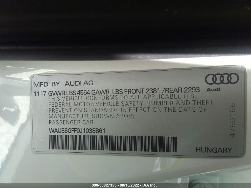 2018 AUDI A3 SEDAN PREMIUM/TECH PREMIUM WAUB8GFF0J1038861