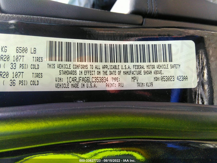 VIN 1C4RJFAG6LC353834 2020 JEEP GRAND CHEROKEE ALTITUDE