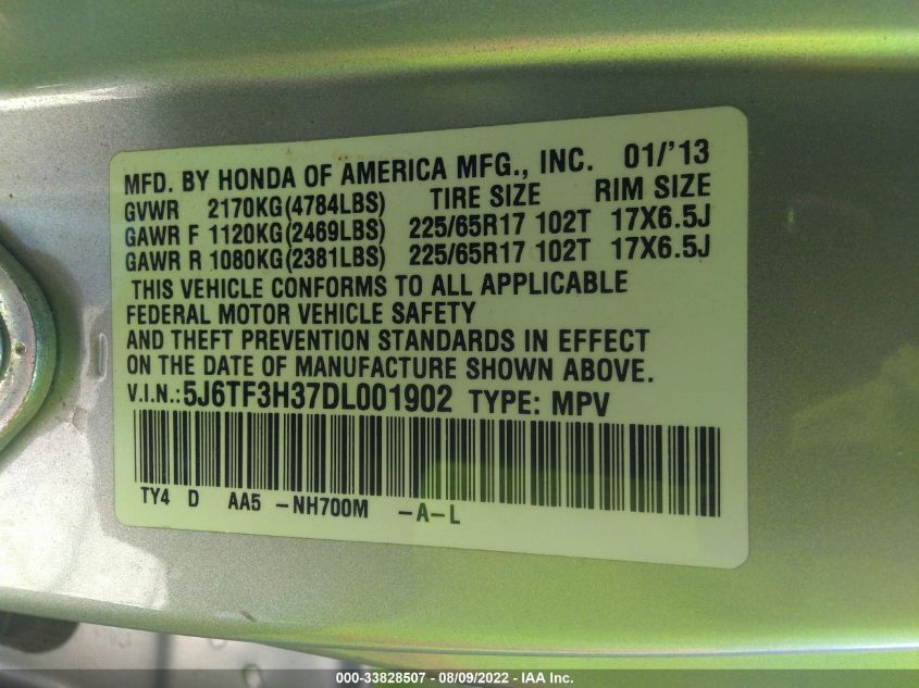 2013 HONDA CROSSTOUR EX 5J6TF3H37DL001902