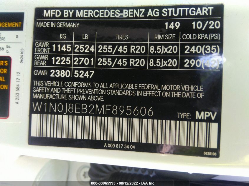 2021 MERCEDES-BENZ GLC GLC 300 W1N0J8EB2MF895606