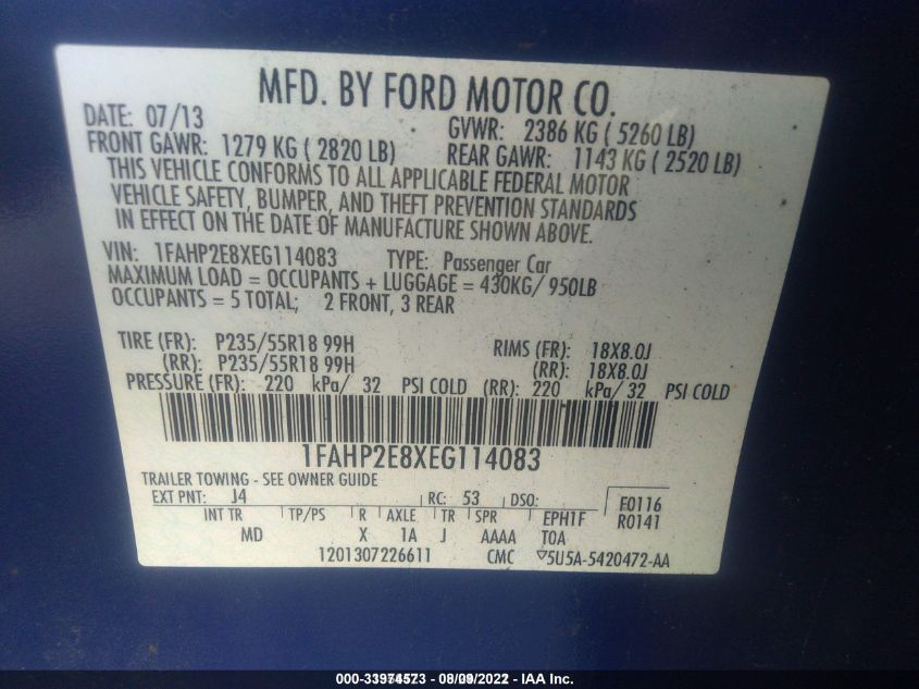 2014 FORD TAURUS SEL 1FAHP2E8XEG114083