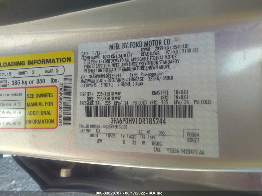 2013 FORD FUSION SE 3FA6P0H91DR185244