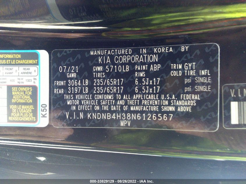2022 KIA CARNIVAL LXS KNDNB4H38N6126567