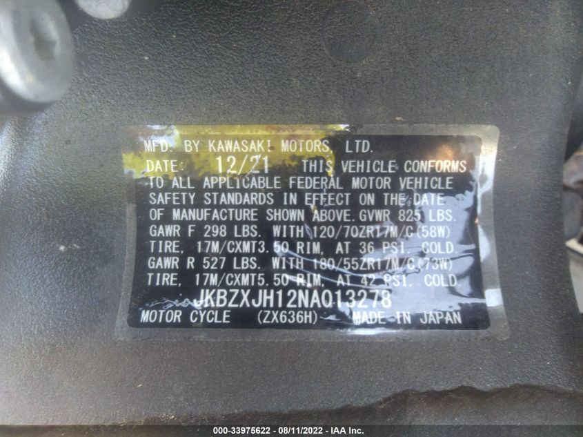 2022 KAWASAKI ZX636 K JKBZXJH12NA013278