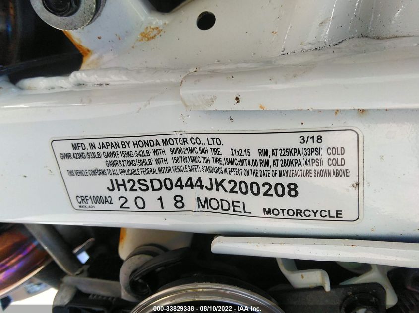2018 HONDA CRF1000 A2 JH2SD0444JK200208