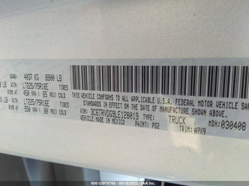 2020 RAM PROMASTER CARGO VAN 3C6TRVDG9LE128019