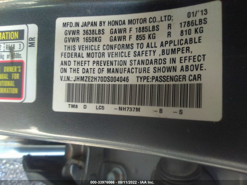 2013 HONDA INSIGHT EX JHMZE2H70DS004046