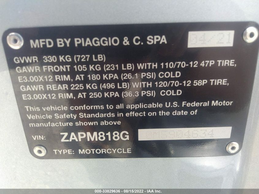 2021 VESPA PRIMAVERA ZAPM818G0M5904634