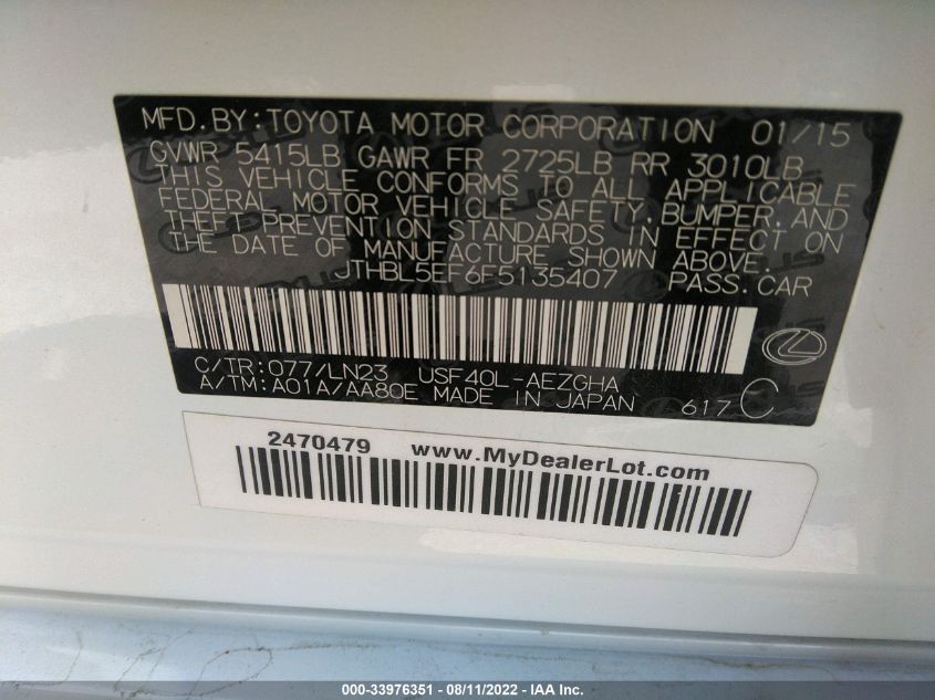 2015 LEXUS LS 460 CRAFTED LINE JTHBL5EF6F5135407