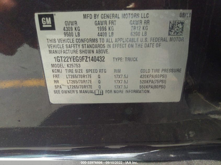 2015 GMC SIERRA 2500HD SLE 1GT22YEG9FZ140432