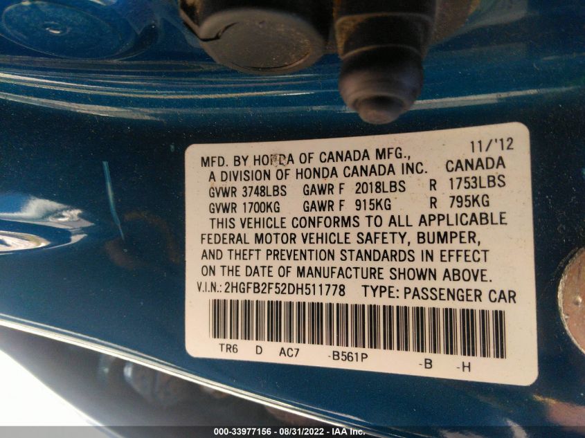 2013 HONDA CIVIC SDN LX 2HGFB2F52DH511778