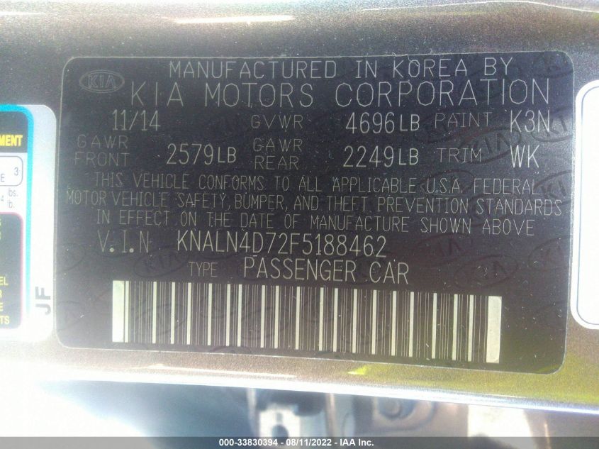 2015 KIA CADENZA PREMIUM KNALN4D72F5188462