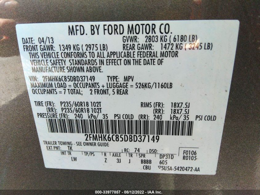 2013 FORD FLEX SEL 2FMHK6C85DBD37149