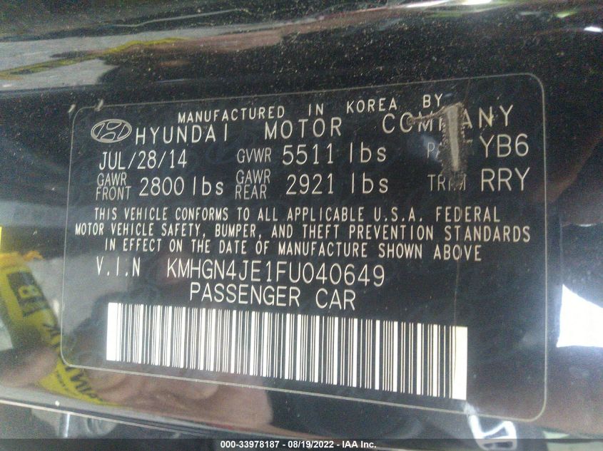 2015 HYUNDAI GENESIS 3.8L KMHGN4JE1FU040649