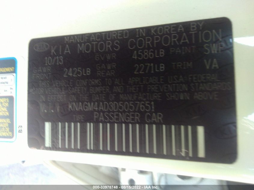2013 KIA OPTIMA HYBRID LX KNAGM4AD3D5057651