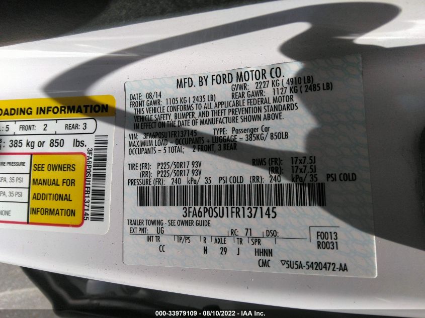 2015 FORD FUSION ENERGI TITANIUM 3FA6P0SU1FR137145