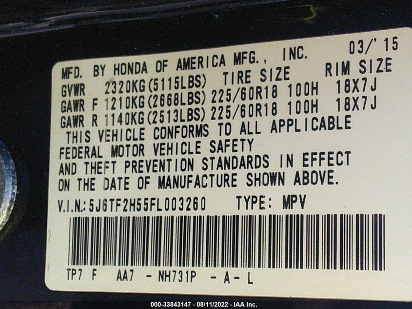 2015 HONDA CROSSTOUR EX-L 5J6TF2H55FL003260