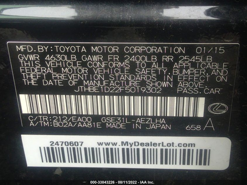 2015 LEXUS IS 350 JTHBE1D22F5019302