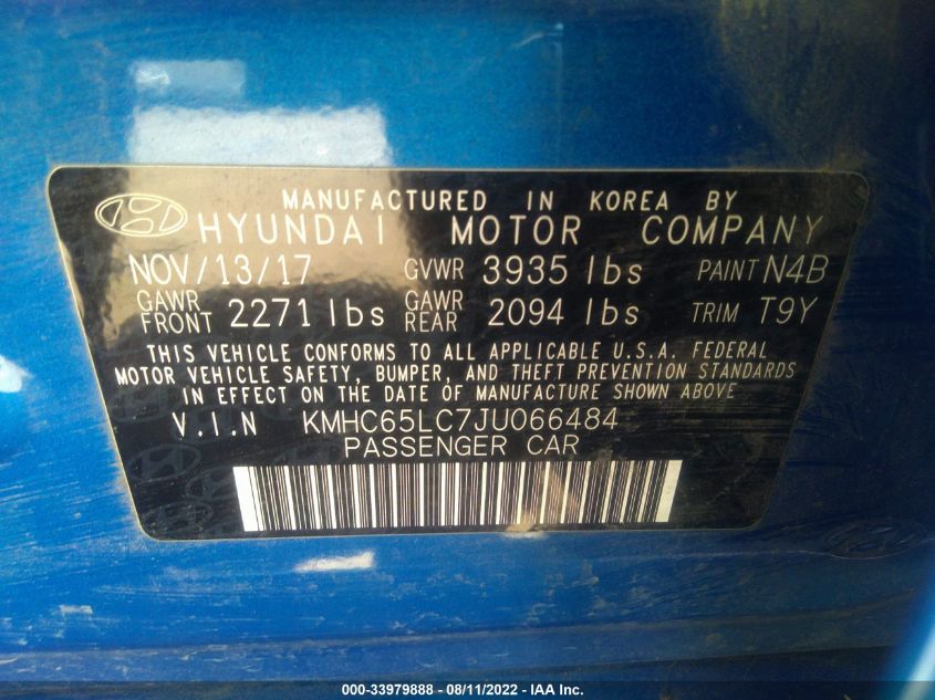 2018 HYUNDAI IONIQ HYBRID BLUE KMHC65LC7JU066484