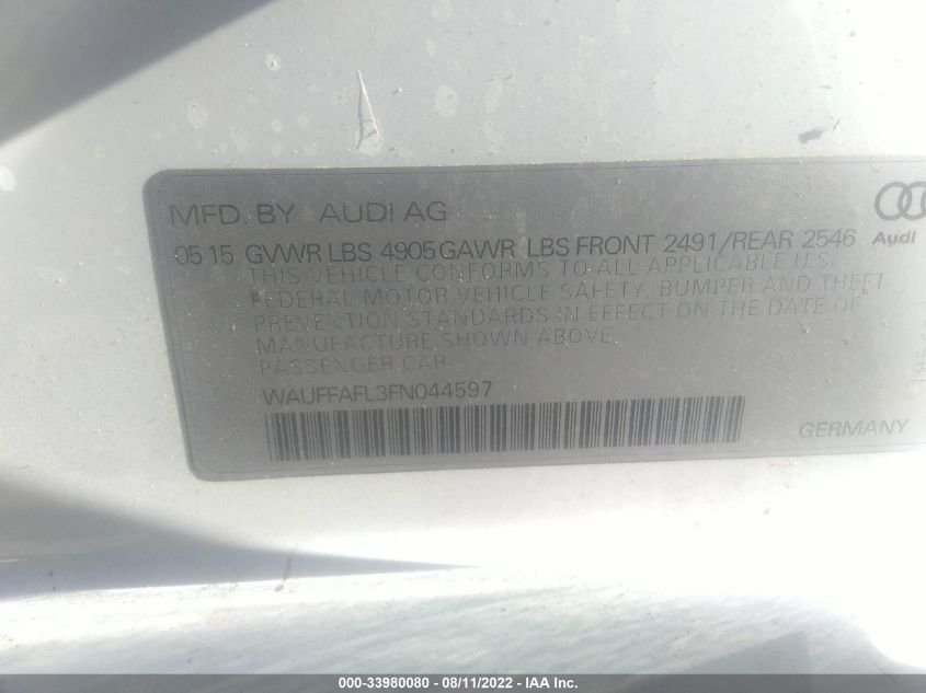 2015 AUDI A4 PREMIUM PLUS WAUFFAFL3FN044597