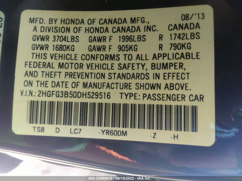 2013 HONDA CIVIC CPE LX 2HGFG3B50DH529516