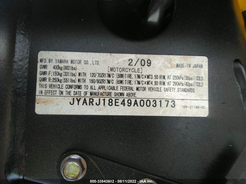 2009 YAMAHA FZ6 R JYARJ18E49A003173