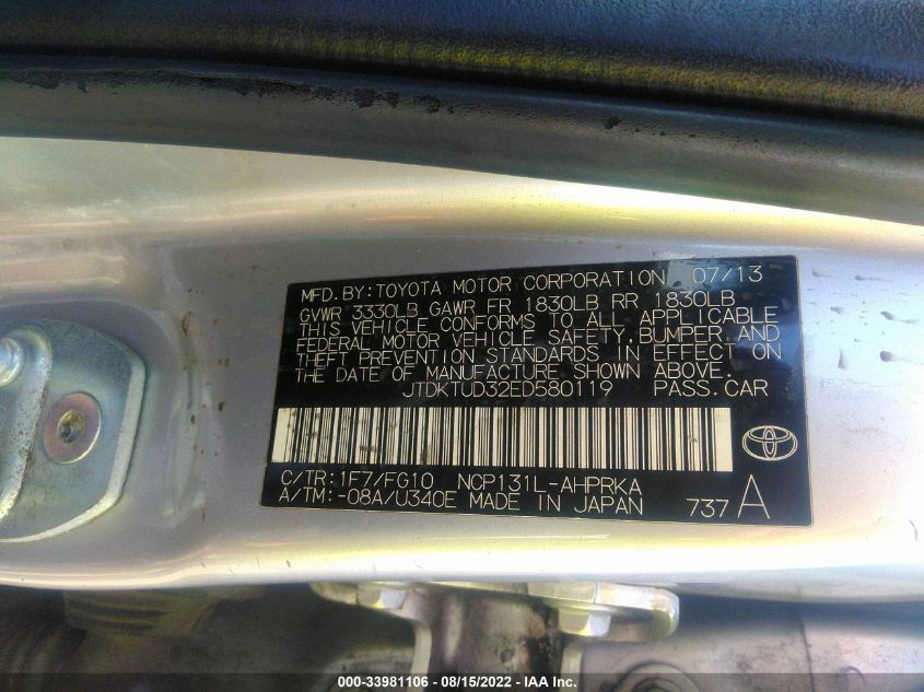2014 TOYOTA YARIS LE JTDKTUD32ED580119