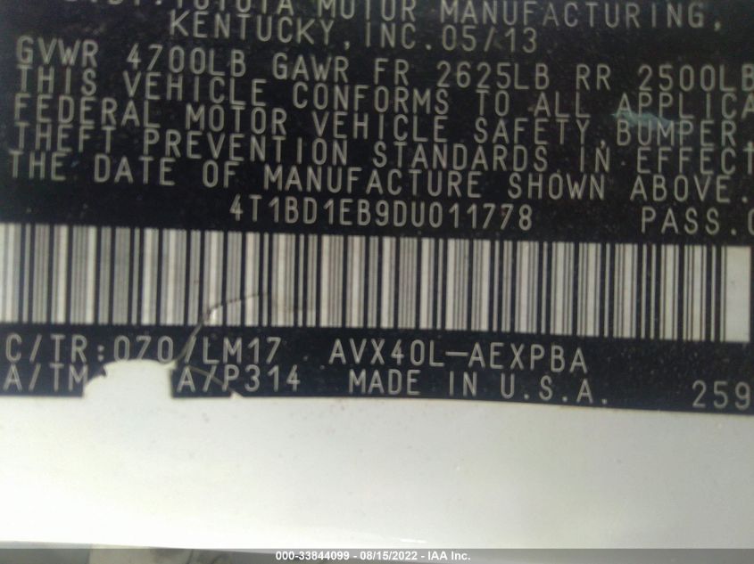 2013 TOYOTA AVALON HYBRID XLE PREMIUM 4T1BD1EB9DU011778