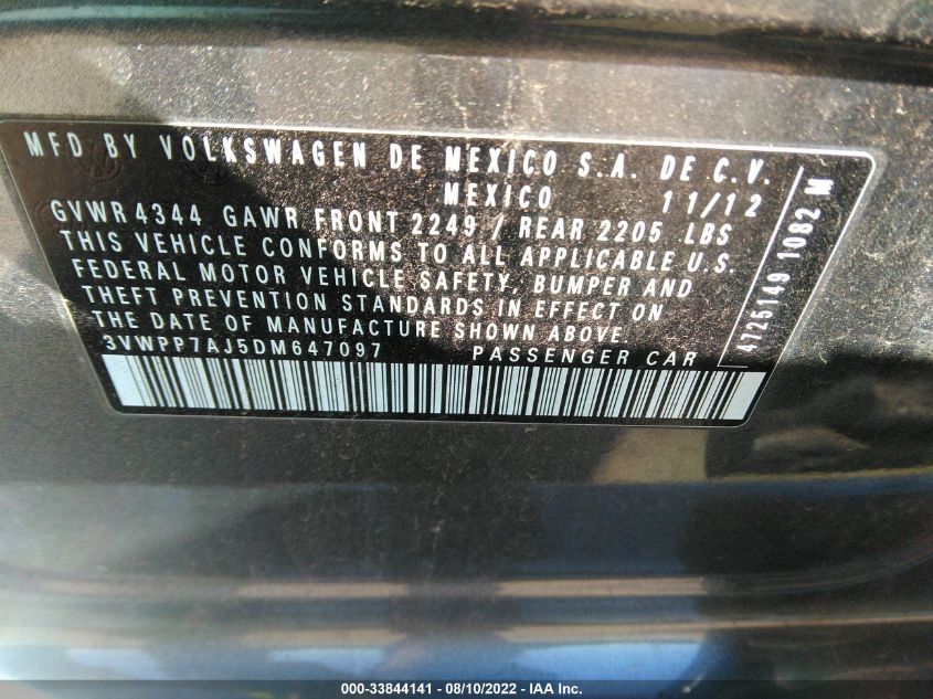 2013 VOLKSWAGEN JETTA SPORTWAGEN S 3VWPP7AJ5DM647097