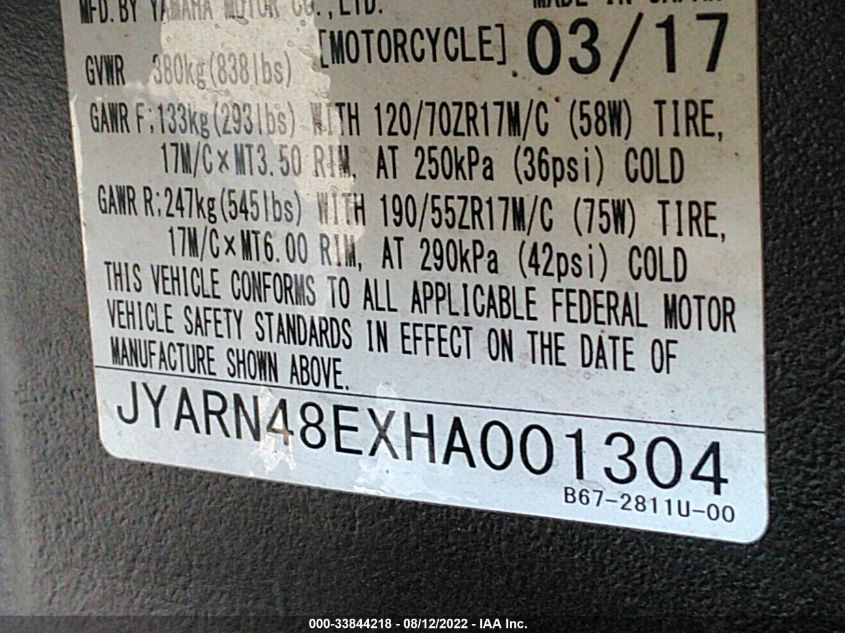 2017 YAMAHA FZ10 JYARN48EXHA001304