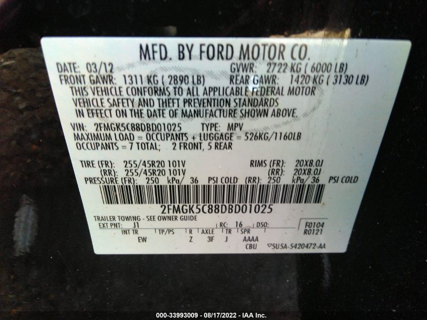 2013 FORD FLEX SEL 2FMGK5C88DBD01025