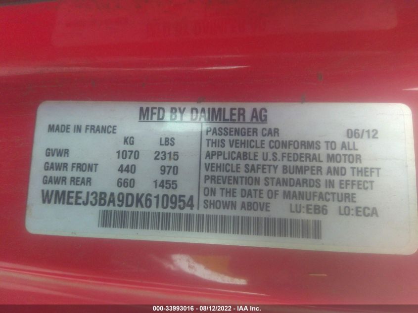 2013 SMART FORTWO PURE/PASSION WMEEJ3BA9DK610954