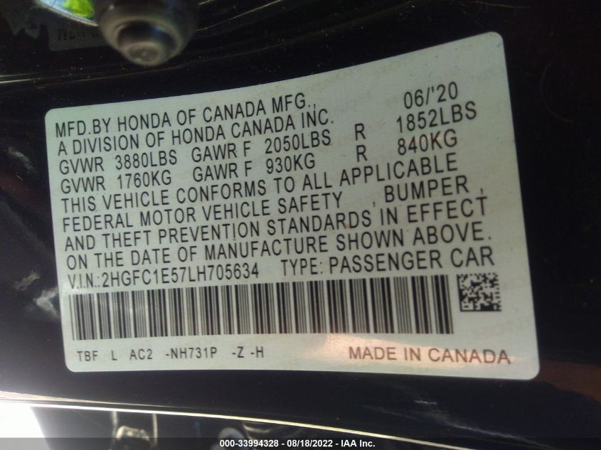 2020 HONDA CIVIC SI SEDAN 2HGFC1E57LH705634