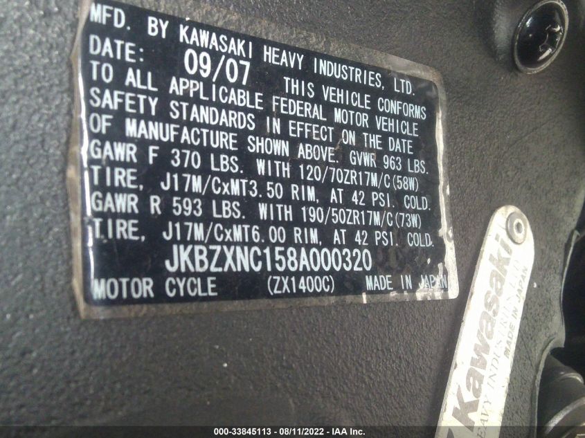 2008 KAWASAKI ZX1400 C JKBZXNC158A000320