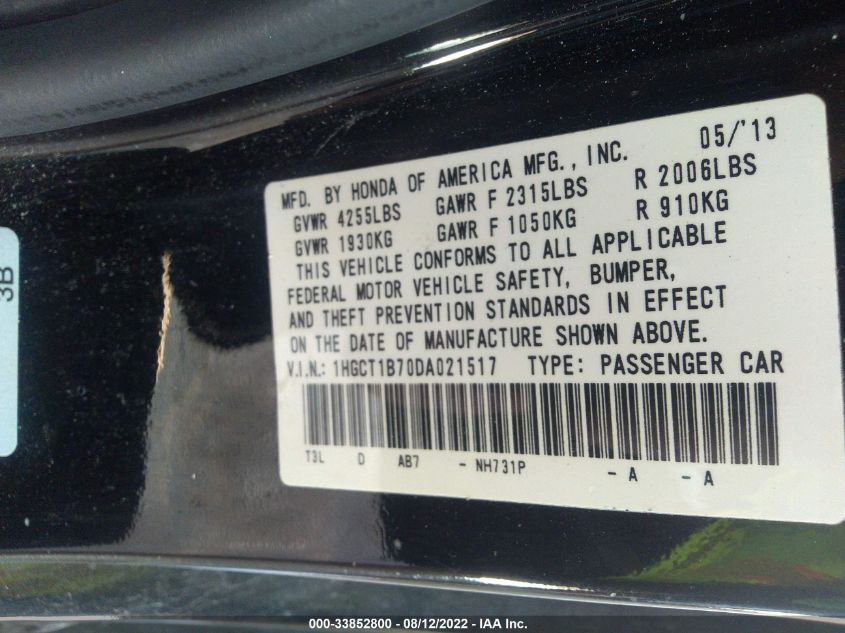 2013 HONDA ACCORD CPE EX 1HGCT1B70DA021517