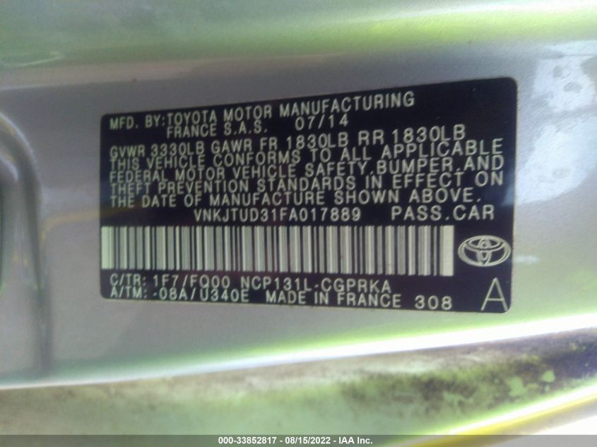 2015 TOYOTA YARIS L/LE VNKJTUD31FA017889