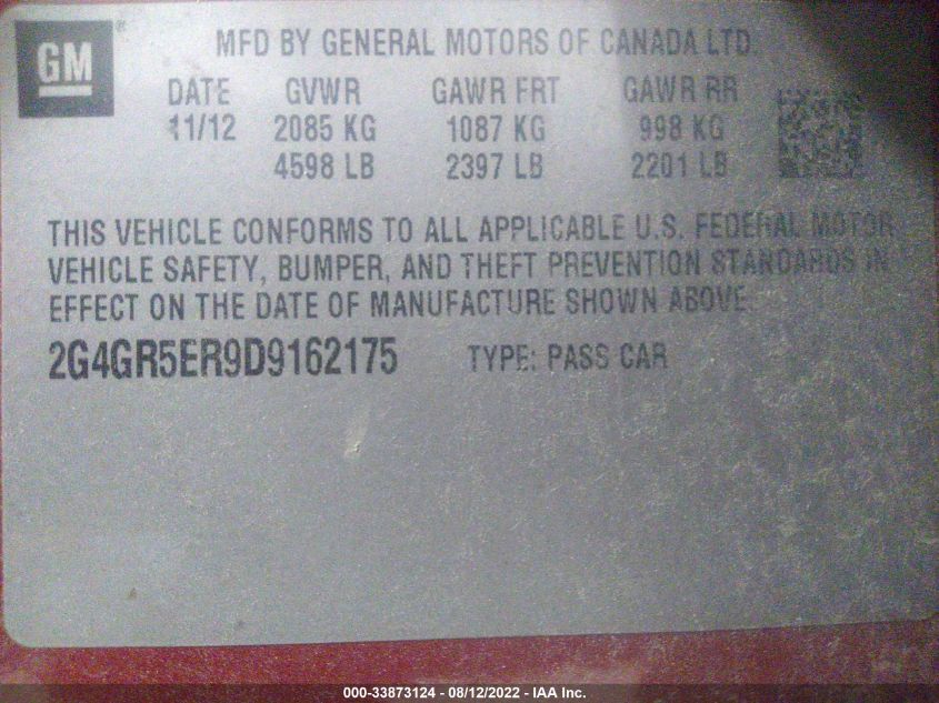 2013 BUICK REGAL BASE 2G4GR5ER9D9162175