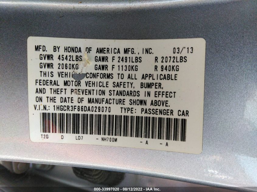 2013 HONDA ACCORD SDN EX-L 1HGCR3F86DA029070