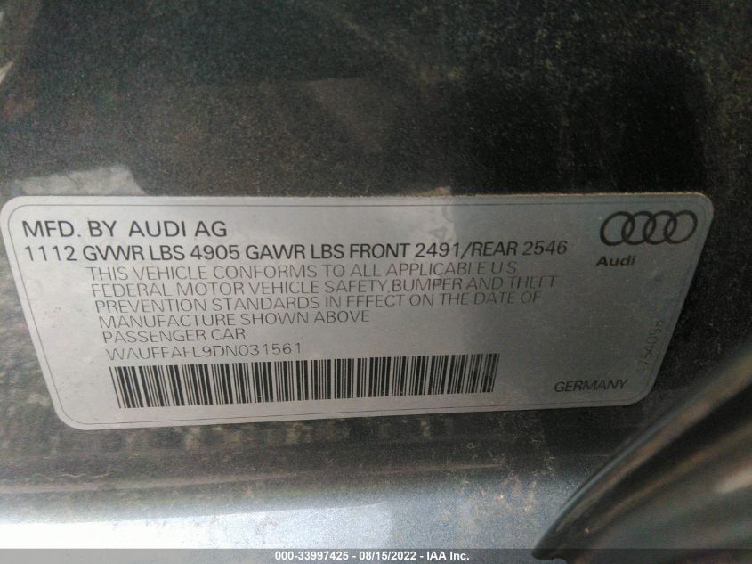 2013 AUDI A4 PREMIUM PLUS WAUFFAFL9DN031561